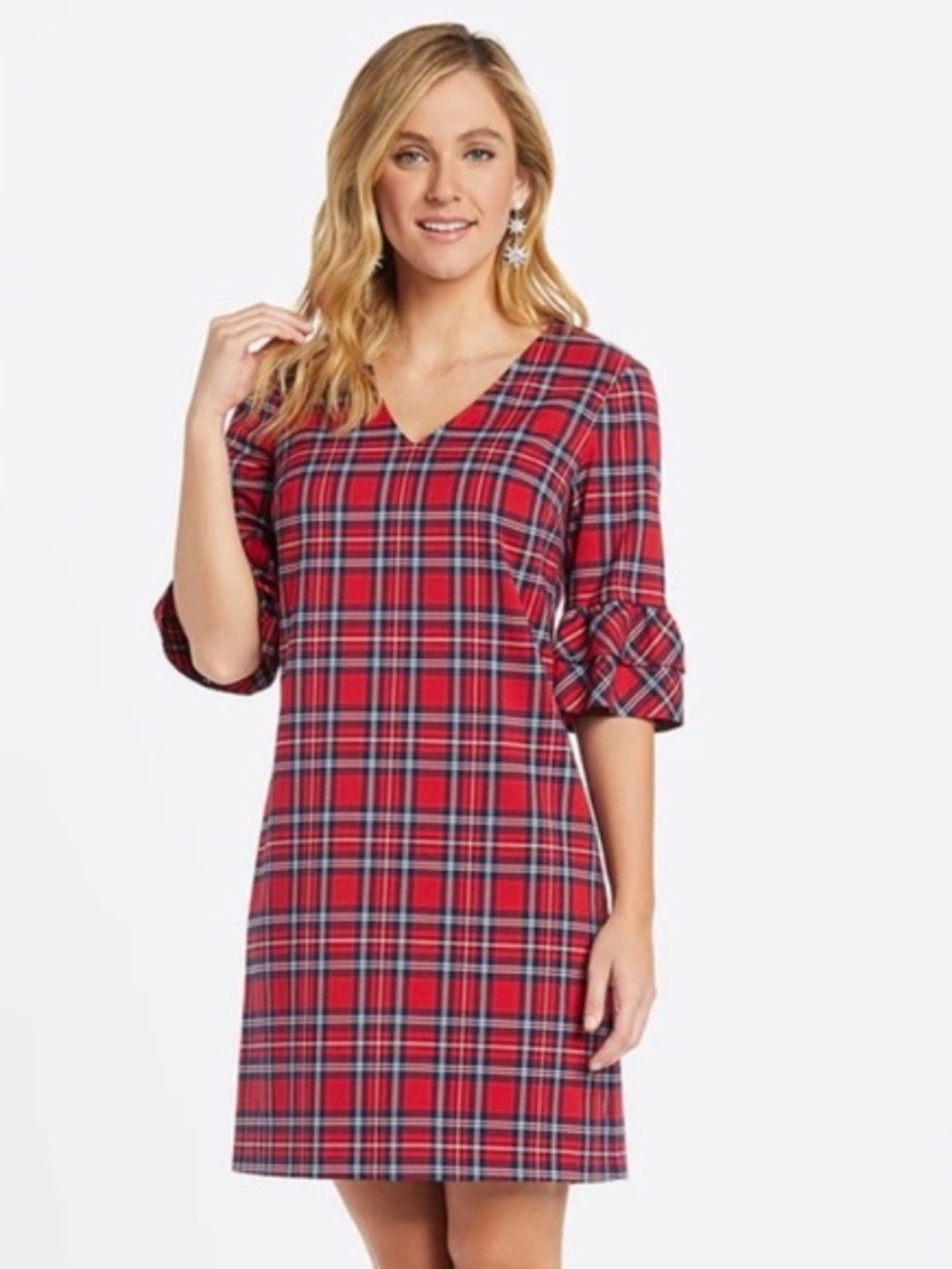 Draper James Ruffle Sleeve Shift Dress in Lipstick Red Multi Plaid